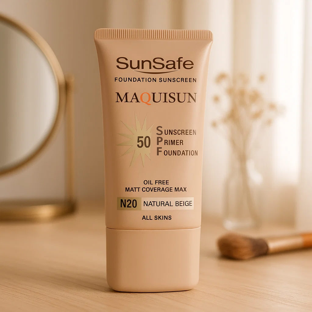 عکس تبلیغاتی کرم ضد آفتاب سان سیف مدل N20 بژ وانیلی با SPF50 قرار گرفته روی میز چوبی با نور طبیعی